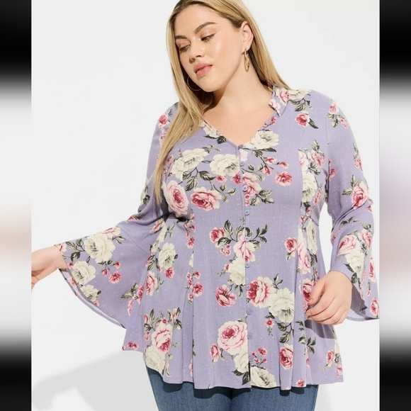 Torrid Blue-Lavender Floral Blouse with Bell Sleeves and Ruffled Style 2x - Picture 1 of 8